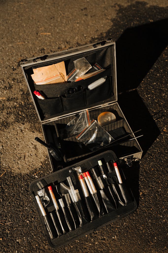 Forensic tool kit open on asphalt, displaying multiple tools and equipment for crime scene investigation.
