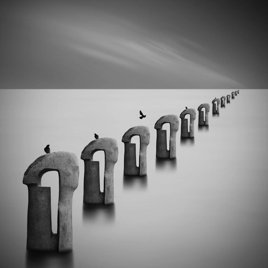 Minimalist black and white photo of surreal concrete pillars with birds in calm waters.